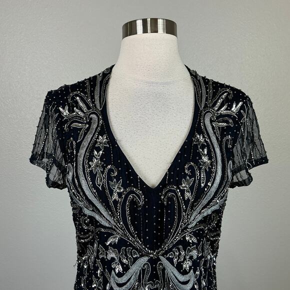 Adrianna Papell Beaded Cut Out Back Evening Gown Blue Size 6 Short Sleeve Formal - Picture 7 of 14